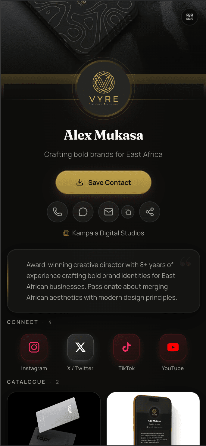 Alex Mukasa's Vyre digital portfolio, displayed on a phone